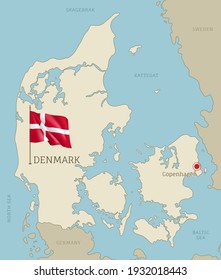 Denmark highly detailed map with territory borders, European country political map with Copenhagen capital city and waving national flag vector illustration