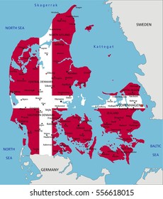 Denmark highly detailed political map with national flag isolated on white background.
