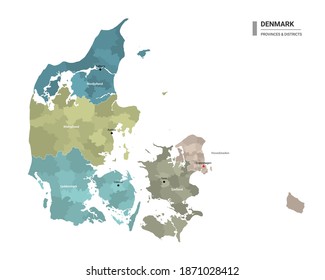 Denmark higt detailed map with subdivisions. Administrative map of Denmark with districts and cities name, colored by states and administrative districts. Vector illustration.