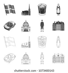 Denmark, history, restaurant, and other web icon in outline,monochrome style.Sandwich, food, bread, icons in set collection.