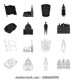 Denmark, history, restaurant, and other web icon in black,outline style.Sandwich, food, bread, icons in set collection.