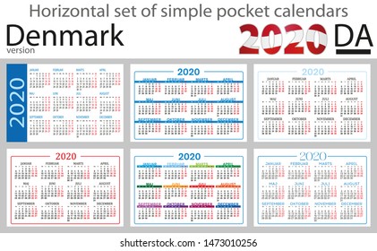 Denmark horizontal set of pocket calendars for 2020 (Two thousand nineteen). Week starts Monday. New year. Color simple design. Vector