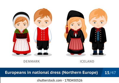 Denmark, Iceland. Men and women in national dress. Set of european people wearing ethnic clothing. Cartoon characters in traditional costume. Northern Europe. Vector flat illustration.