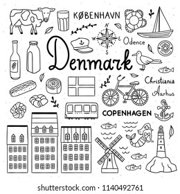 Denmark icons and objects illustrations. Hand drawn Denmark and Copenhagen symbols outline drawings