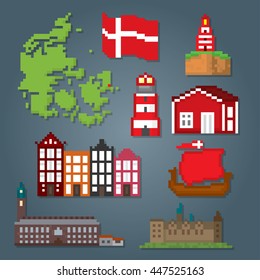 Denmark icons set. Pixel art. Old school computer graphic style. Games elements.