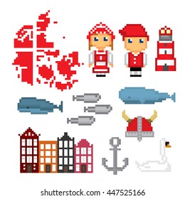 Denmark icons set. Pixel art. Old school computer graphic style. Games elements.