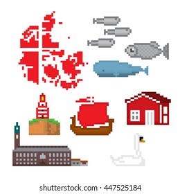 Denmark icons set. Pixel art. Old school computer graphic style. Games elements.