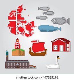 Denmark icons set. Pixel art. Old school computer graphic style. Games elements.