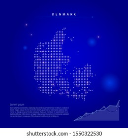 Denmark illuminated map with glowing dots. Dark blue space background. Vector illustration. Growing chart, lorem ipsum text.