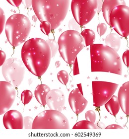 Denmark Independence Day Seamless Pattern. Flying Rubber Balloons in Colors of the Danish Flag. Happy Denmark Day Patriotic Card with Balloons, Stars and Sparkles.