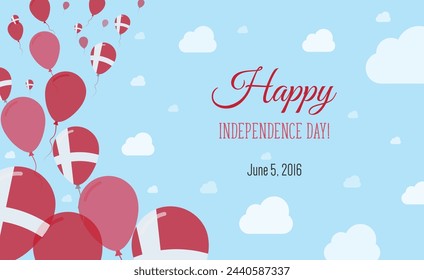 Denmark Independence Day Sparkling Patriotic Poster. Row of Balloons in Colors of the Danish Flag. Greeting Card with National Flags, Blue Skyes and Clouds.