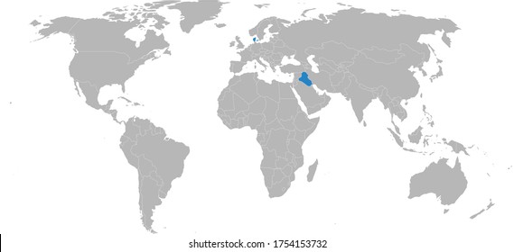 Denmark, Iraq countries isolated on world map. Light gray background. Backgrounds and wallpapers.