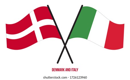 Denmark and Italy Flags Crossed And Waving Flat Style. Official Proportion. Correct Colors.