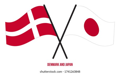 Denmark and Japan Flags Crossed And Waving Flat Style. Official Proportion. Correct Colors.