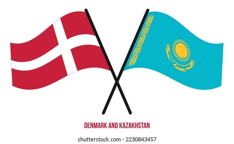 Denmark and Kazakhstan Flags Crossed And Waving Flat Style. Official Proportion. Correct Colors.