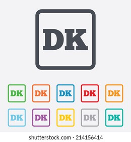 Denmark language sign icon. DK translation symbol. Round squares buttons with frame. Vector