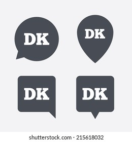 Denmark language sign icon. DK translation symbol. Map pointers information buttons. Speech bubbles with icons. Vector