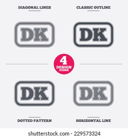 Denmark language sign icon. DK translation symbol with frame. Diagonal and horizontal lines, classic outline, dotted texture. Pattern design icons.  Vector
