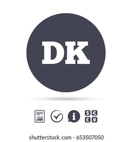 Denmark language sign icon. DK translation symbol. Report document, information and check tick icons. Currency exchange. Vector