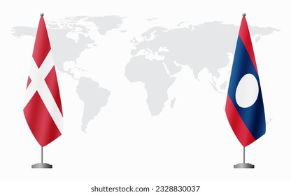 Denmark and Laos flags for official meeting against background of world map.