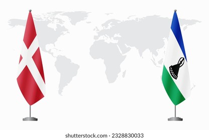 Banderas de Dinamarca y Lesotho para una reunión oficial en el contexto del mapa mundial.
