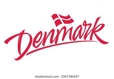 Denmark lettering design for t-shirt, mug, poster. Vector hand drawn inscription. Apparel Print. Denmark vector handwritten inscription. Danish flag.