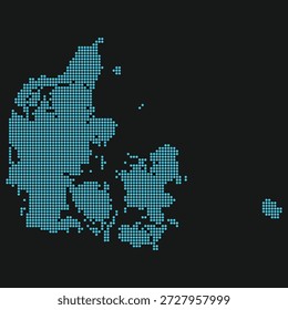 Mapa punteado azul claro de Dinamarca sobre fondo negro para seguridad cibernética y privacidad de datos. 