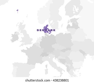 Denmark location modern detailed map. All european countries without names. Vector template of beautiful flat grayscale map design with selected country name text and border location