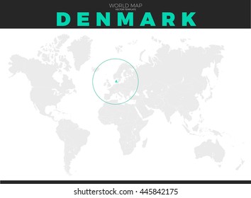 Denmark location modern detailed map. All world countries without names. Vector template of beautiful flat grayscale map design with selected country name text and border location