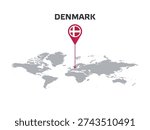 DENMARK Location Pin on World Map with Flag in Pin