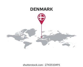 DENMARK Location Pin on World Map with Flag in Pin's Body