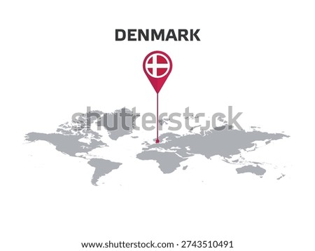 DENMARK Location Pin on World Map with Flag in Pin's Body