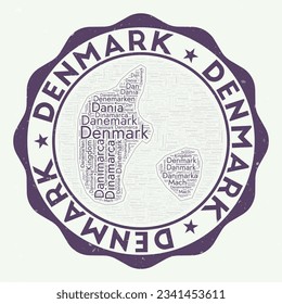 Denmark logo. Awesome country badge with word cloud in shape of Denmark. Round emblem with country name. Artistic vector illustration.