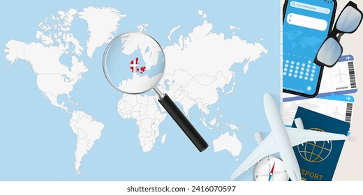 Denmark is magnified over a World Map, illustration with airplane, passport, boarding pass, compass and eyeglasses. Vector illustration.