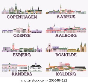 Denmark main cities cityscapes in rich pastel bright colorful palette. Magic aesthetics style