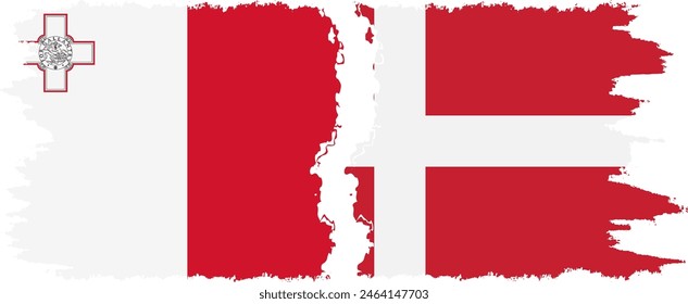 Denmark and Malta grunge flags connection, vector