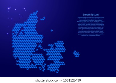 Denmark map from 3D blue cubes isometric abstract concept, square pattern, angular geometric shape, glowing stars. Vector illustration.