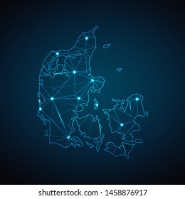 Denmark Map - Abstract geometric mesh polygonal network line, structure and point scales on dark background with lights in the form of cities. Vector illustration eps 10.