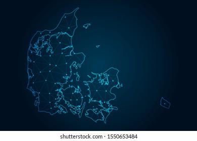 Denmark map with Abstract mash line and point scales on Dark background . design polygon sphere . Wire frame 3D mesh polygonal network line . Vector illustration eps 10.