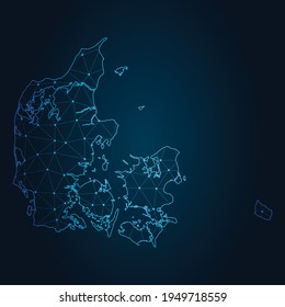 denmark Map Abstract mash line and point scales on dark background. Wire Frame 3D mesh polygonal network line.