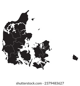 Denmark map with administrative provinces. Map of Denmark in black color