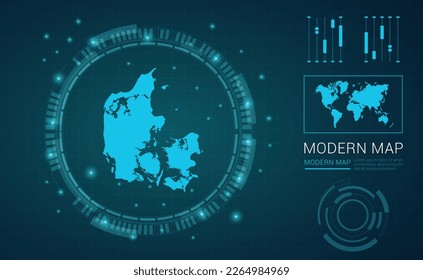 Denmark map of blue digital frame Futuristic Sci Fi Modern User vector HUD, GUI, UI interface.