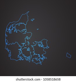 Denmark map: blue glitter outline with sparkling stars on dark background. Detailed map of Denmark. Vector illustration.