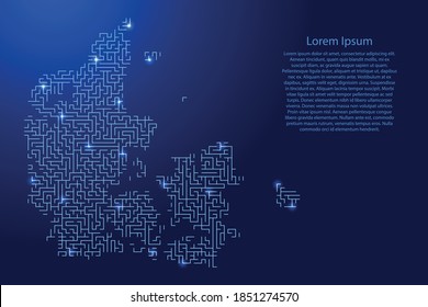 Denmark map from blue pattern of the maze grid and glowing space stars grid. Vector illustration.