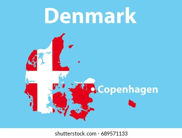 Denmark. Map and capital Copenhagen,on the background of the flag of Denmark.The flag consists of a red rectangular cloth with the image of a white Scandinavian cross.