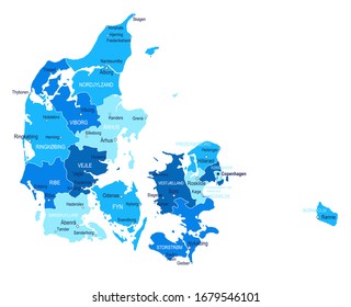 Denmark map. Cities, regions. Vector