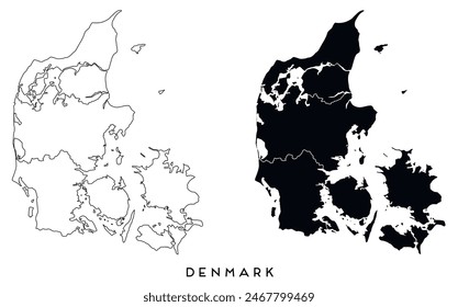 Denmark map of city regions districts vector black on white and outline