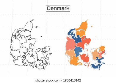 Denmark map city vector divided by colorful outline simplicity style. Have 2 versions, black thin line version and colorful version. Both map were on the white background.