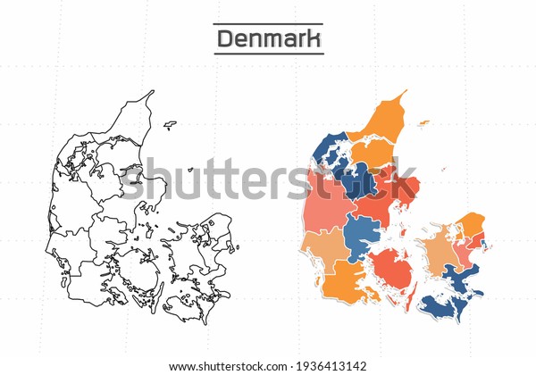 Denmark map city vector\
divided by colorful outline simplicity style. Have 2 versions,\
black thin line version and colorful version. Both map were on the\
white background.