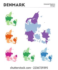 Denmark map collection. Borders of Denmark for your infographic. Colored country regions. Vector illustration.